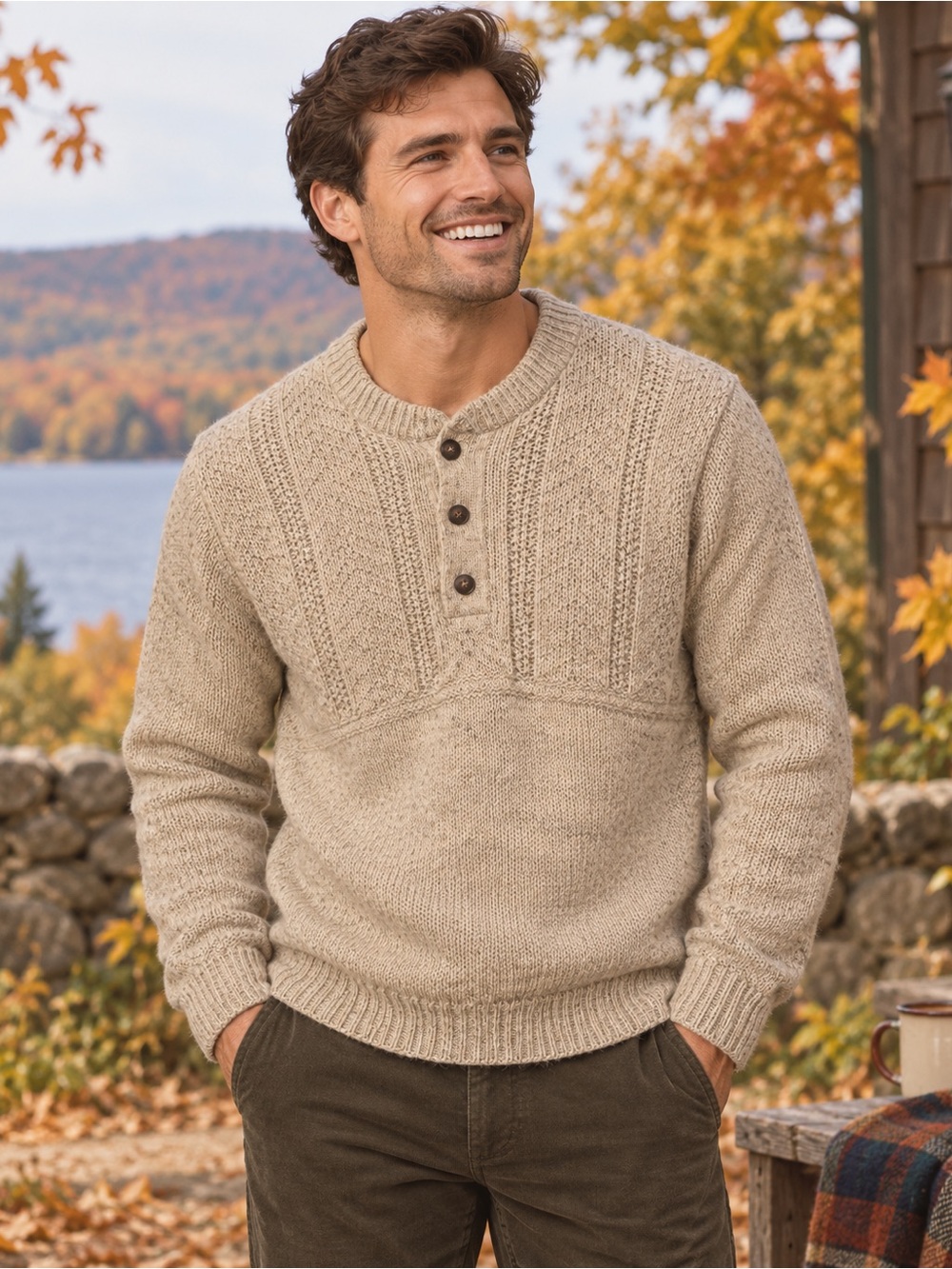 Vintage LL Bean Mens L 100% Wool Henley Chunky Sweater Made in Scotland Fall